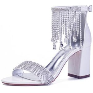 SYDZSW Trouwschoenen Naaldhak Bruidsschoenen Hoge Hakken Satijn Sandaal Bruidsband met Strass Pompons 35-43, Wit, 43 EU