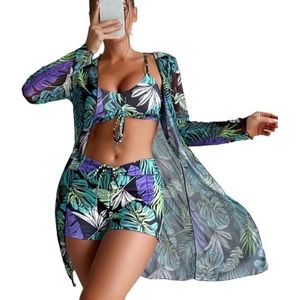 3-delige badpakken voor vrouwen outfits bloemen tropische bikini & korte sets zomer strand sexy cover-ups feest, Paars, S