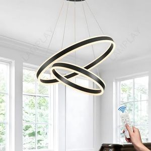 LAMPLAY Ronde LED Moderne Hanglamp, 3 Zwarte Ring Kroonluchter, Dimbaar Met Afstandsbediening 3000K-6000K Plafondlamp, Hoogte Verstelbaar, Hal Woonkamer Slaapkamer Eetkamer Keuken Eiland(40 60 80cm