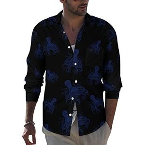 Octopus herenshirt met lange mouwen, casual strandshirt met zak, normale pasvorm