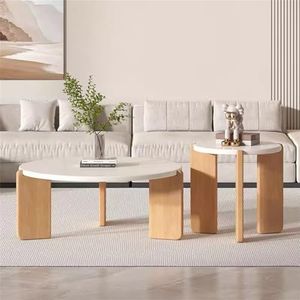 YYZIWYUN Set van 2 stapelbare koffietafels, moderne ronde bijzettafel met antislip voeten, zijtafel, van hout voor kleine ruimtes, woonkamer, slaapkamer, kantoor