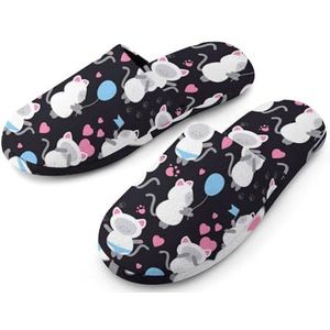 Witte Kitties Patroon Volledige Print Heren Slippers Warme Anti-Slip Rubber Zool Huis Schoenen Voor Indoor Hotel