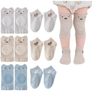 HDGSAFD 3 paar babysokken, 3 paar kruipkniebeschermers, kinderkruipset, antislip vloersokken, gestippelde peutersokken, comfortabele en ademende kniebeschermers, schattige sokken, Meerkleurig, 12-14cm