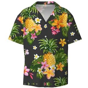 OdDdot Tropische ananas Hawaiiaanse print heren button down shirt korte mouw casual shirt voor mannen zomer business casual overhemd, Zwart, S