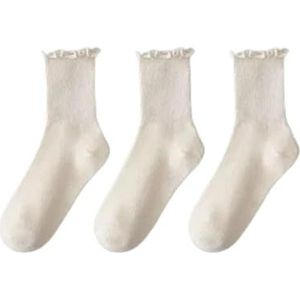 YIJIANUO 1/3/5 Paar Katoen Ruches Enkelsokken Vrouwen Lolita Leuke Kawaii Koreaanse Kous Meisje Lente Zwart Wit Midden Buis Japanse Sox, 3 paar - beige, Eén maat