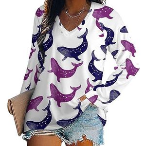 Kleurrijke Whales Vrouwen Casual Lange Mouw T-shirts V-hals Gedrukt Grafische Blouses Tee Tops S