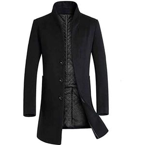 Take Idea Wollen jas voor heren, lang, lichte zakelijke herenjas, slim fit, trenchcoat, klassieke winterjas, drie gespen, comfortabel, met opstaande kraag, zwart, L