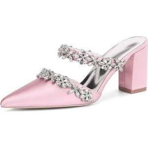 KYEGLO Dames Sandalen Met Spitse Neus En Strass Steentjes, Gesloten Neus, Satijnen Dikke Hak - Sexy Stijl, Perfect Voor Bruiloften En Bruidsfeesten,Roze,36