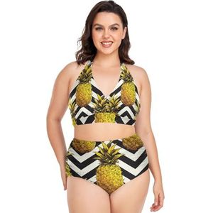 Cartoon Tropische Ananas Fruit Vrouwen Bikini Sets Plus Size Badpak Twee Stukken Hoge Taille Strandkleding Meisjes Badpakken, Pop Fashon, XXL