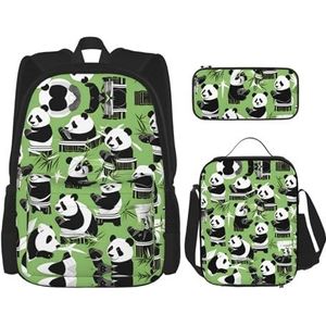 SUHNGE Roze vlinderprint 3-in-1 schooltas set schoolrugzak handtas, geïsoleerde lunchtas, etui, Panda Bamboe, Eén maat