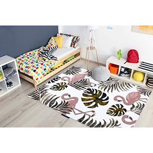 Kindertapijt Petit voor babykamers, Speel vloerkleden, Kinderkamer, Tuin Flamingo Monstera Bladeren Wit 200x290 cm