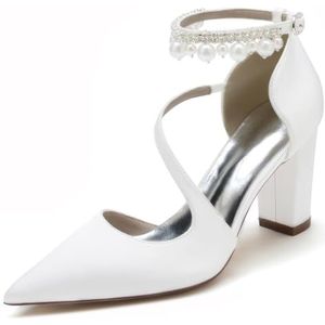 GHSIRUEU Vrouwen Gesloten Puntige Teen Hoge Hoge Hakken Pompen met parels enkelbandje Blokhak bruids zakelijke jurk schoenen,Wit,36 EU