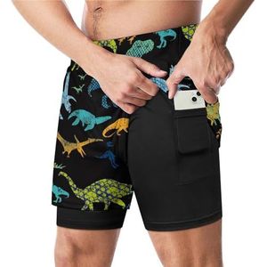 Retro Dino Patroon Grappige Zwembroek met Compressie Liner & Pocket Voor Mannen Board Zwemmen Sport Shorts