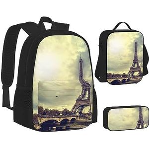 BTCOWZRV 3 Pack Canvas Eiffeltoren Parijs rugzak, schouder reistas voor vrouwen mannen, met lunchbox etui