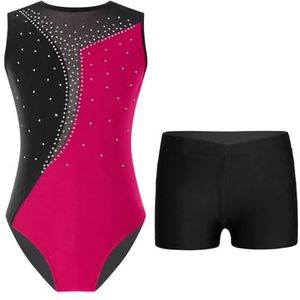 NUOYIXUAN Mouwloos turnpakje voor kinderen, ballettutu + shorts, yoga-dansen kledingsets voor meisjes, schaatspak, dansoutfits (Hot Pink Black, 14)