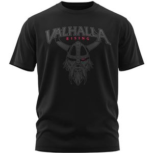 NORTH - Vahalla Rising Viking Warrior - Nordmann T-Shirt Men - Valhalla Shirt Viking Runes Script Old Norse Valhalla Shirt Raven - Geschenken voor Mannen, Kleur:Zwart/Bloedrood, Maat:L
