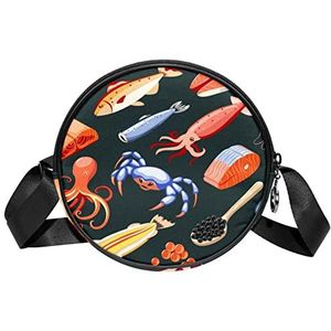 Ronde Crossbody Tas Messenger Bag Purse Voor Vrouwen Zee Voedsel Zalm Filet Calamares Kaviaar Mosselen Krabben Oesters Haai Vlees, Meerkleurig, 6.7x6.7x2.3 in, Sling Rugzakken