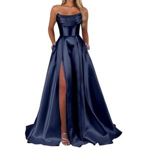 Satijnen bruidsmeisjesjurken voor dames, voor bruiloft, ruches, avondjurken, cocktailjurken, grote maten, Donkerblauw, 32