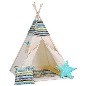 Sówka | Tipi tent voor kinderen | Speeltent voor jongens en meisjes met 5 accessoires met kussens | Speelhuisje gemaakt van 100% gecertificeerd katoen, kindercadeau buitenspeelgoed | Indisch avontuur