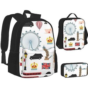 BONDIJ Engelse Bulldog rugzakken voor school met lunchbox etui, waterbestendige tas voor jongens meisjes leraar geschenken, Engeland Symbool, Eén maat