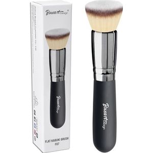 Bueart Design Kabuki Foundation Brush Premium Make-upborstel voor vloeistof, crème en poeder - polijsten, mengen, vlekkeloze gezichtsborstel (zwart en zilver-platte bovenkant)