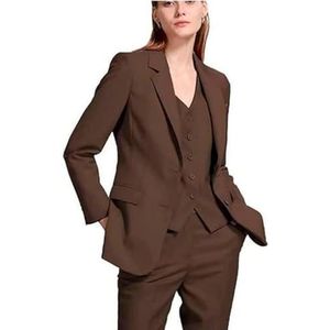 Vrouwen 3-delig pak piek revers broekpak zakelijke casual outfits bruiloft zakelijke formele kantoor dame outfits, donkerbruin, XS