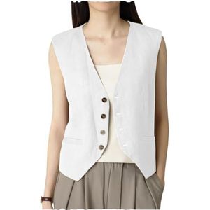AeoTeokey Dames zomer linnen vest pak vest V-hals enkele rij knopen casual vest zakelijke outfits top, Wit, XL