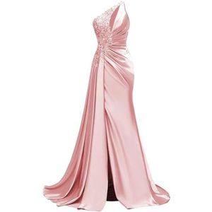Satijnen bruidsmeisjesjurk voor dames, met split, galajurken, plooien, cocktailjurk, grote maten, roze, 36
