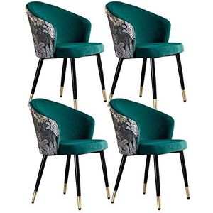 FZDZ Moderne keuken fluwelen eetkamerstoelen set van 4 woonkamer fauteuils met zwarte stalen poten fluwelen zitting en borduurwerk rugleuningen make-up stoel eetkamerstoelen (kleur: donkergroen)