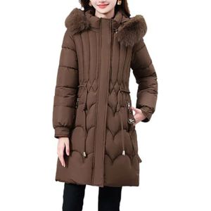 Dames Lange, Losse Winterparka, Capuchon, Effen Katoenen Overjas for Warmte(Brown,XXL)
