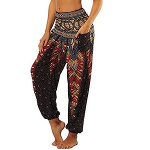 Nuofengkudu hippiebroek voor dames, harembroek, boho-patroon, gesmokte taille met zakken, vrijetijdsbroek, zomerbroek, yogabroek, Eén maat