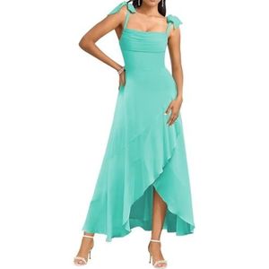 Spaghetti Bandjes Bruidsmeisjes Jurken voor Bruiloft Fluwelen Ruches Formele Avond Party Maxi Jurk High Low AH143, Turkoois, 36