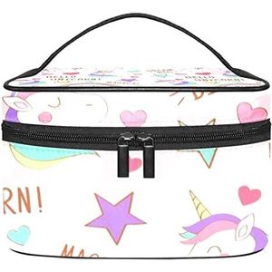 Geel Paars Zeepaardjes Zeester Patroon Make-up Tas voor Vrouwen Meisjes Cosmetische Tassen met Handvat Reizen Make-up Organizer Tas, Dieren Patroon Eenhoorn Roze, 8.9x5.9x5.4 Inches, Make-up zakje
