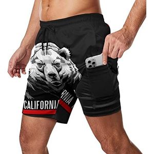 California Republic State Bear Zwembroek voor heren, sneldrogend, 2-in-1 strandsportshorts met compressieliner en zak