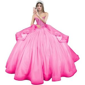 Fuomomo Quinceanera MT054 Jurken met spaghettibandjes, partyjurk met staart, Quinceanera kanten jurk met strik, Quinceanera tule met parels, Roze, 50/grote maten