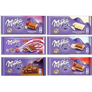 Milka Assortiment Chocolade 100g Variety Pack (Rozijnen & Noten/Framboos Creme/Triple Caramel/Wit, 6 Bars)