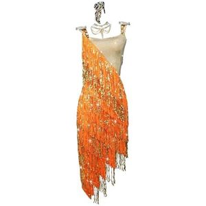 Yhwacyznm Dames Latin Professionele Wedstrijdjurken met Kwastjes Salsa Danskostuum met Strass Rugloze Tango Cha Cha Danskleding Dansrok voor rumba Asymmetrische Zoom,Oranje,L