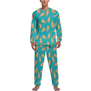 Turquoise Pizza Zachte Heren Pyjama Set Comfortabele Lange Mouw Loungewear Top En Broek Geschenken M
