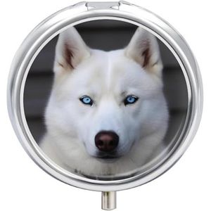 Pillendoos 3 compartimenten ronde pillenorganisator dagelijkse kleine pillenetui voor reizen Blue Eyed White Husky metalen pillencontainer draagbare medicijnorganisator voor pillen vitaminen visolie