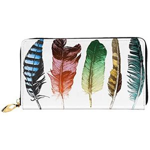 ASEELO Lederen Portemonnee Esthetische Skelet Zip Lederen Portemonnee Clutch Bag Reizen Kaarthouder Portemonnee Gift voor Vrouwen, Kleurrijke handgetekende veren op wit, Eén maat