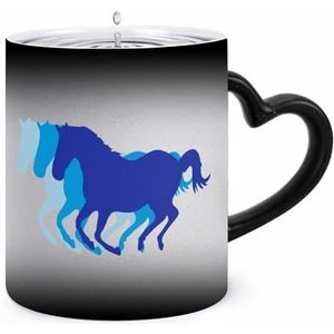 Blauwe Retro Paard Silhouet Koffie Mok 11oz Kleur Veranderende Mokken Hartvormige Handvat Warmtegevoelige Verkleuring Cups