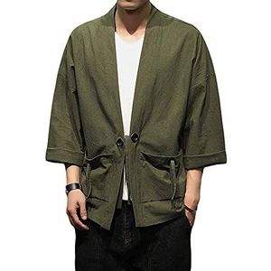 PRIJOUHE Mannen Japanse Stijl Kimono Vest Jas Katoen Blends Linnen Zeven Mouwen Effen Kleur Open Voorkant Jas, Groen 707, XXL