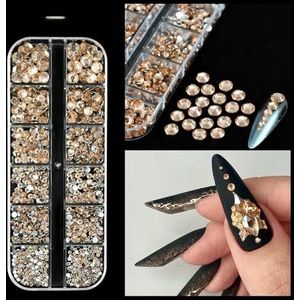 12Grids Ocean Gold Nail Art Charms Schelp/Zeepaardje/Zeesterren Witte Halve Ronde Parel Gems Gemengde Punk Manicure Metalen Klinknagels Studs-PH194-11
