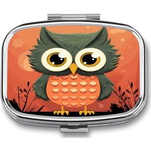 Cartoon Uil op Oranje Achtergrond Pillendoos Pil Case Leuke Pil Organizer Pil Houder Geneeskunde Pil Organizer Pil Container Dagelijkse Pil Organizer Kleine Pillendoos Pil Case voor Portemonnee Pocket