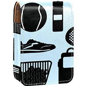 Draagbare Lipstick Case voor op reis,Mini Lipstick Opbergdoos met spiegel voor vrouwen dames, Lederen Cosmetische Pouch Eenvoudige Zwarte Tennis Racket Ball, Meerkleurig, 9.5x2x7 cm/3.7x0.8x2.7 in