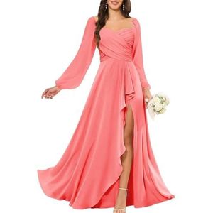 KURFACE Bruidsmeisjesjurken met lange mouwen en split voor dames, geplooid, chiffon, bruidsmeisje, vloerlengte, formele feestjurk, Koraal, 34