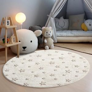 carpet city Kindertapijt crème, beige - 120x120 cm rond - sterrenpatroon - laagpolige tapijten kinderkamer, speelkamer