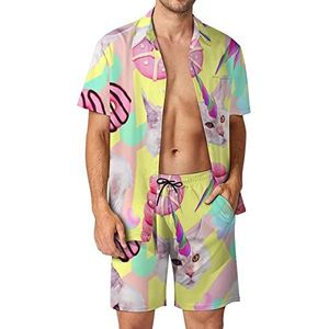 Eenhoorn kat Hawaiiaanse bijpassende set 2-delige outfits button-down shirts en shorts voor strandvakantie