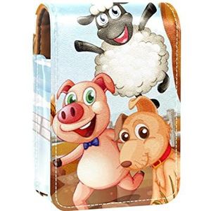Animal Farm Selfie Lipgloss Houder Lipstick Case Draagbare Mini Lipstick Opbergdoos Reizen Lipstick Organizer Case met Spiegel voor Vrouwen, Meerkleurig, 9.5x2x7 cm/3.7x0.8x2.7 in