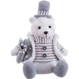 LOLAhome Kerstpop beer met hoed wit en grijs stof 28 cm